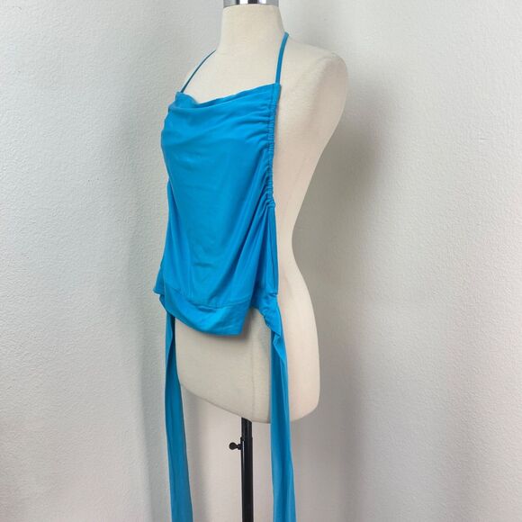 Peacock Blue Wrap Jersey Knit Halter Top Sm/Med Backless Boho Gypsy Coquette - Picture 8 of 8